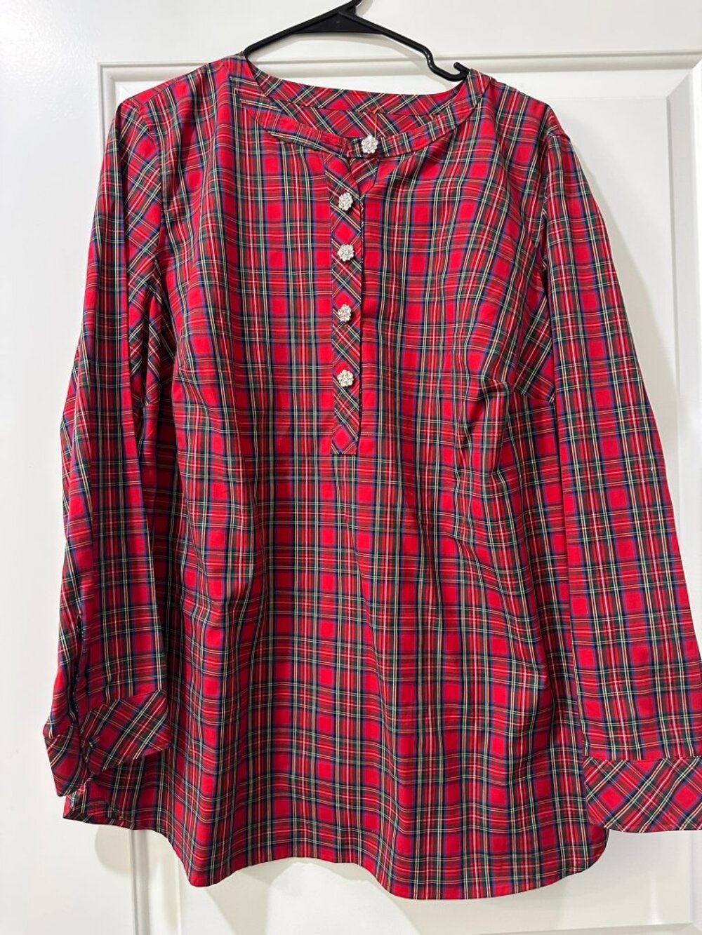 Talbots 1X Plus Size Red Plaid Long Sleeve Blouse with Rhinestone buttons